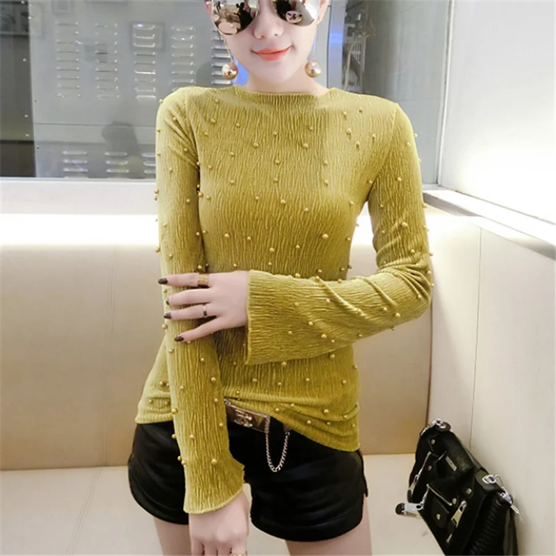 Vetement femme 2018 women's summer autumn bead Blouses Female pearl shirts white yellow Tops Beading Plus Size XXXL Long sleeve |