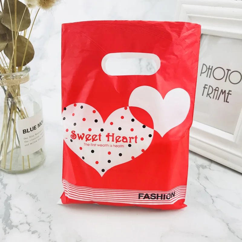 Red WHite Heart 25x35 20x25 15x20 см 10 шт. сумка для хранения одежды хозяйственные пластиковые сумки с ручками ювелирные изделия свадебный пластиковый мешочек для упаковки подарков - Цвет: Red WHite Heart