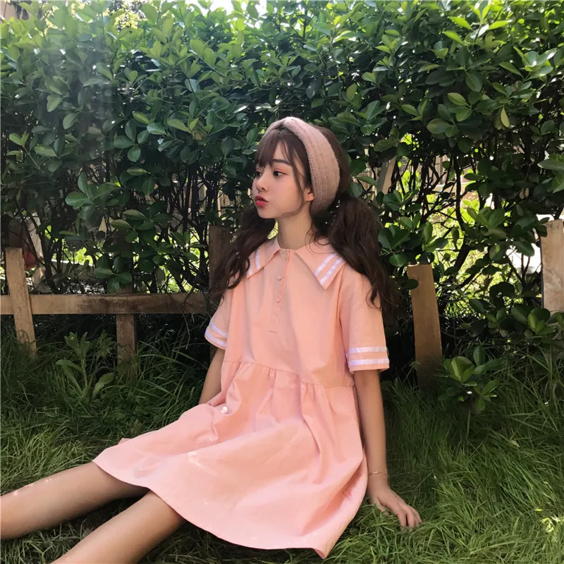 Платье свободного кроя в японском стиле милое мягкое платье с коротким рукавом и