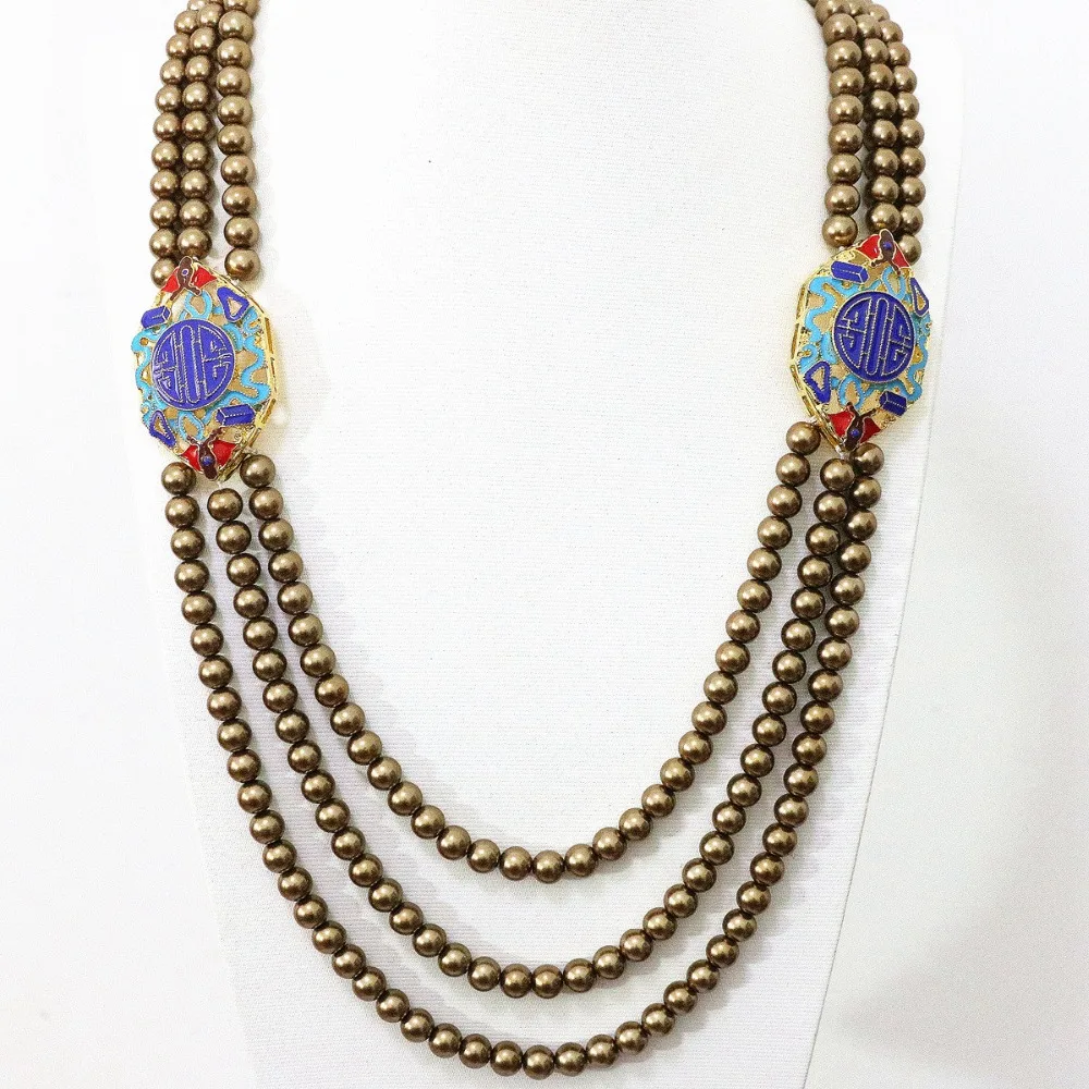 

8mm round shell simulated-pearl 3rows gold-color large oval accessories multicolor women special diy necklace 28-32"B1192