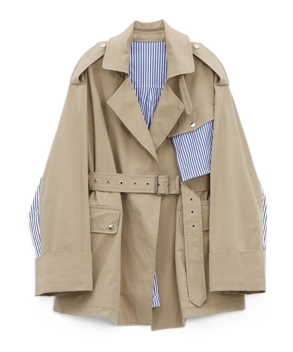 

Blue Striped Patchwork Women Trench coat 2018 New Design Fashion Turn Down Collar Sashes Long Sleeve Coats