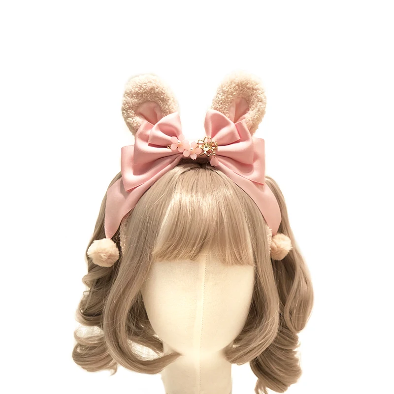 Лолита японский Kawaii Сакура кроличьи уши KC головной убор бантик помпон головная