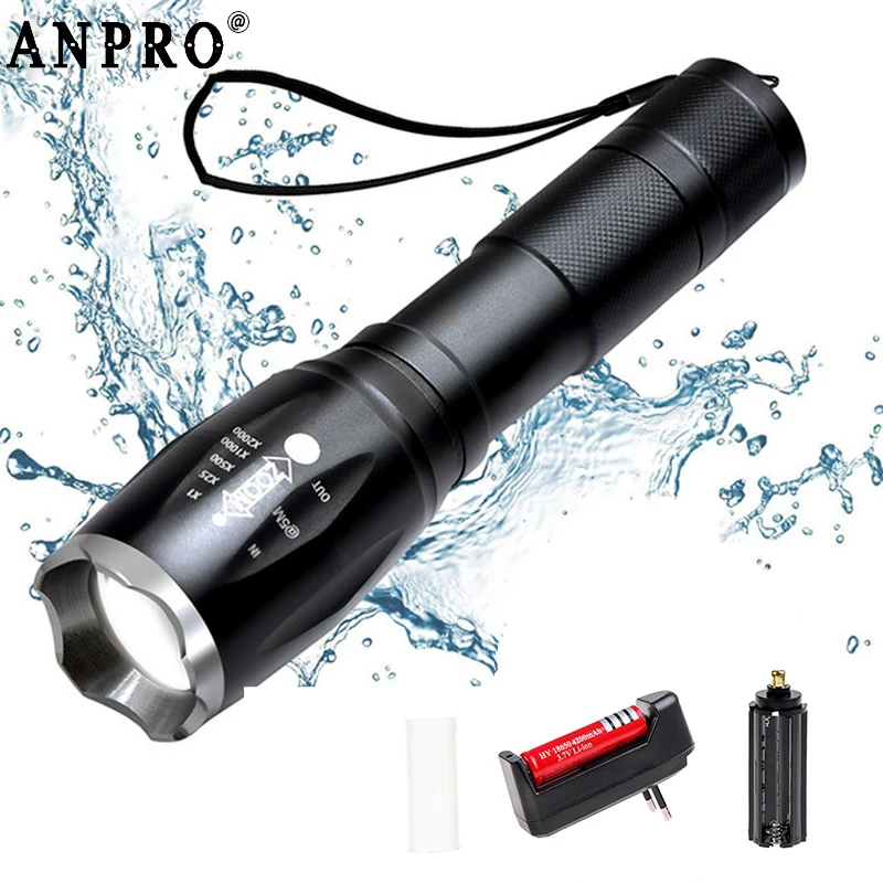 Anpro T6 L2 светодиодный светильник-вспышка, ультра яркий фонарь, водонепроницаемый портативный тактический светильник-вспышка, Перезаряжаемый для наружного кемпинга