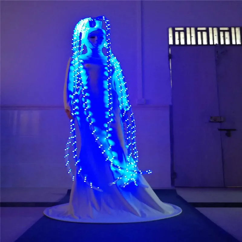 

MD9 Ballroom dance led light costumes long dresses dj party performance skirts long hairs luminous glowing outfit cloth bar led