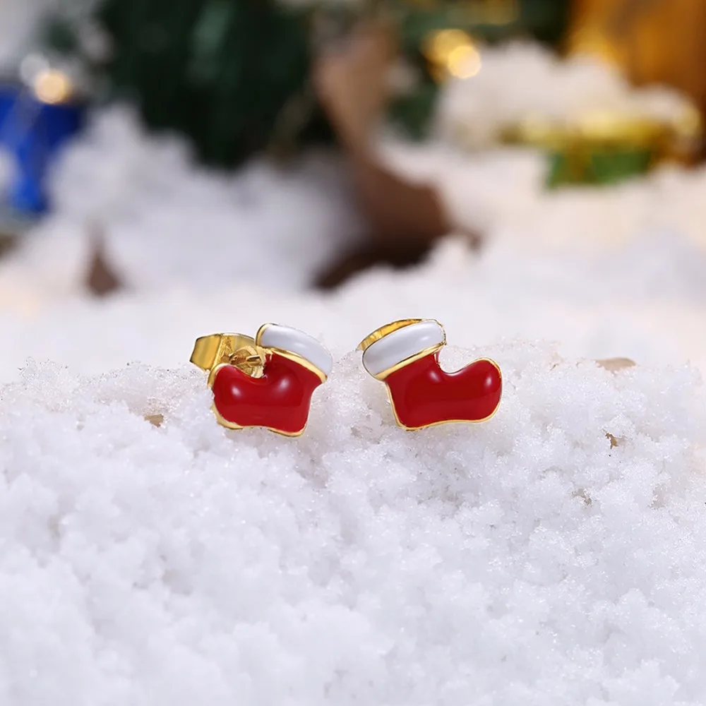 CHUKUI Christmas Red Socks Boots Earrings Gold Color Enamel Stud For Girl Kids Fashion New Year Gifts Jewelry | Украшения и