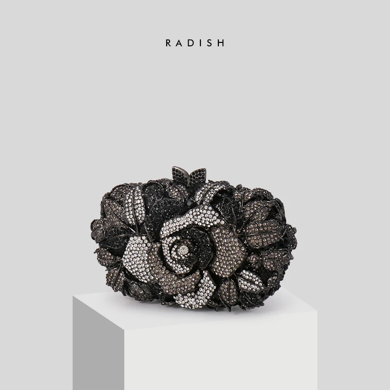 

RADISH Hollow Out Rose Flower Gray Crystal Clutch Evening Bags Party Minaudiere Handbags