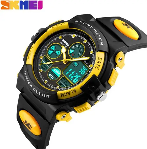 Yellow SKMEI детские часы модные спортивные военные водонепроницаемые наручные часы с двойным временем светодиодный цифровые кварцевые часы для мальчиков девочек детей - Цвет: Yellow