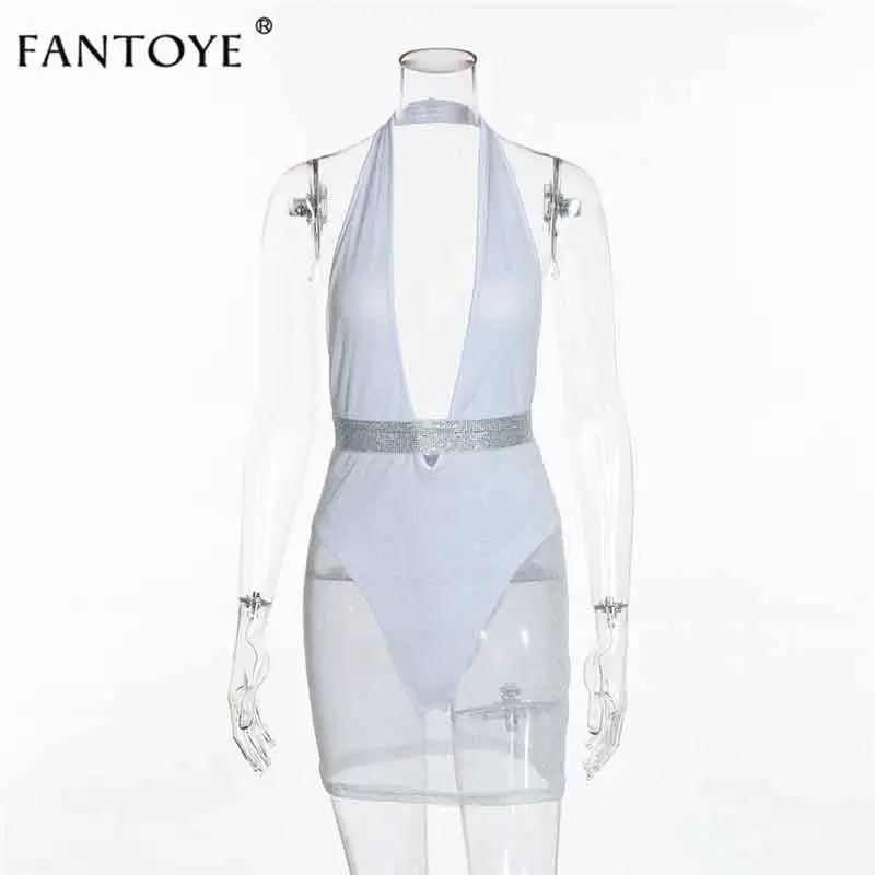 White Женское вечернее мини-платье Fantoye, прозрачное обтягивающее платье без спинки, с блестящей сеткой и v-образным вырезом, для ночных клубов, белое - Цвет: White