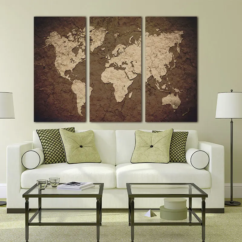 3 Панели винтажная карта мира холст картина настенная живопись маслом на холсте