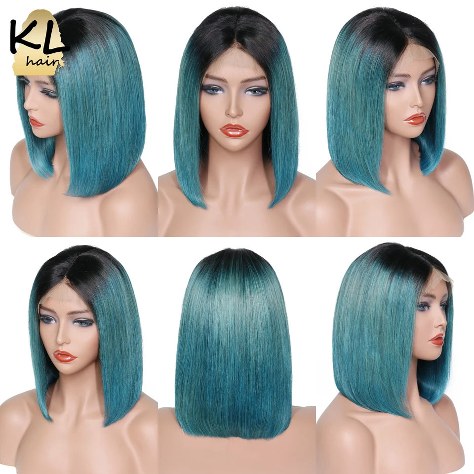 KL Ombre Color Bob Wigs Green Lace Front Human Hair Straight Brazilian Remy Short Pre Plucked With Baby | Шиньоны и парики