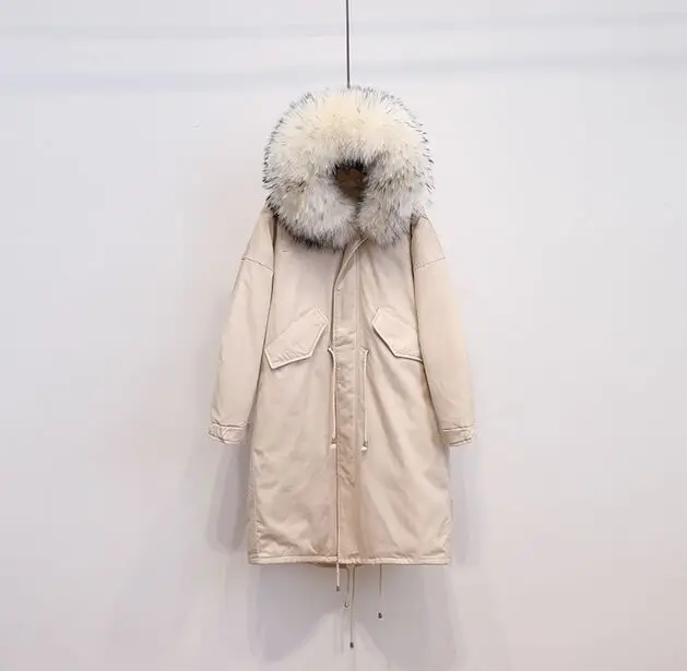 beige coat white fur Большой натуральный мех,, высокое качество, длинная толстая теплая парка, зимняя куртка, Женское пальто, белый утиный пух, куртка, плюс размер, пальто - Цвет: beige coat white fur
