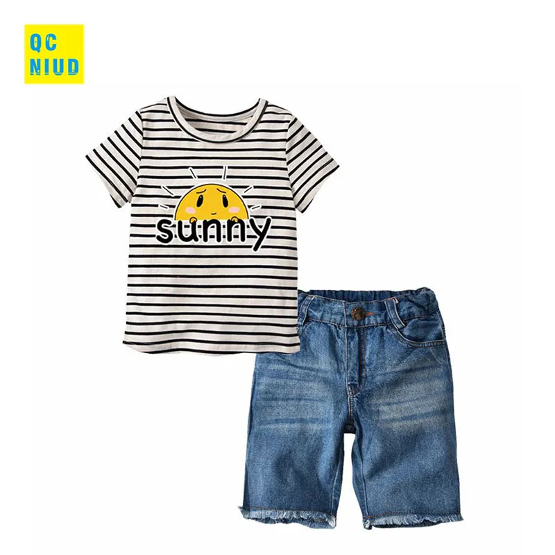 QCNIUD Summer Boys Sets Children Cartoon Printed O-Neck T-shirt +Jeans Shorts 2pcs Casual Cotton Kids Clothes Set 2018 New |