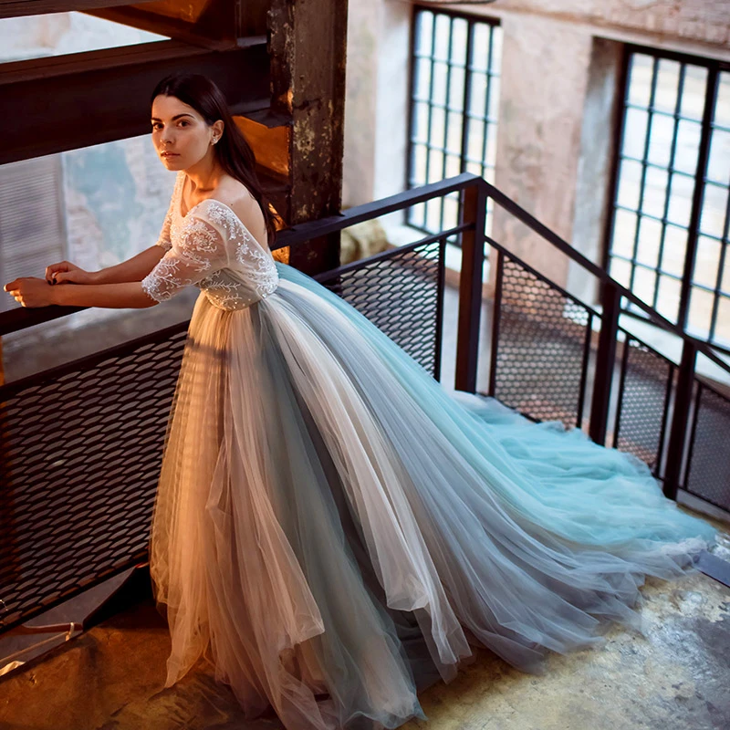 

Sexy Backless Prom Dresses Half Sleeve Blue and Ivory Tulle Colorful A Line Ball Gown Plus Size Evening Dress with Lace Evening