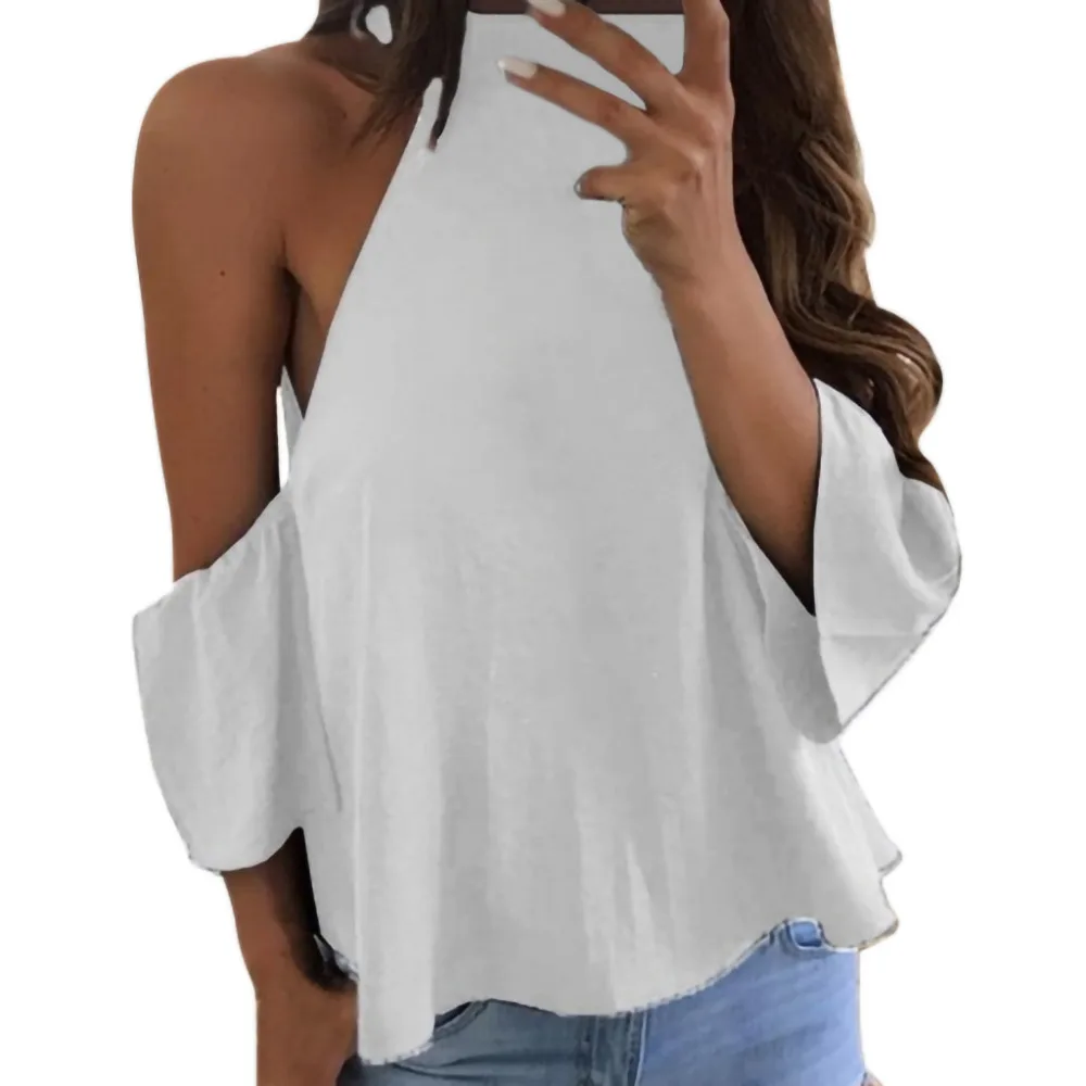 2019 модная женская блузка рубашка с открытыми плечами и коротким Расклешенным