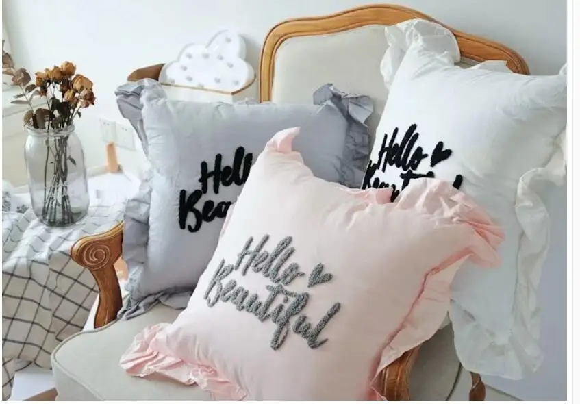 Розовая/серая/белая хлопковая наволочка с красивой вышивкой Hello кружевная для