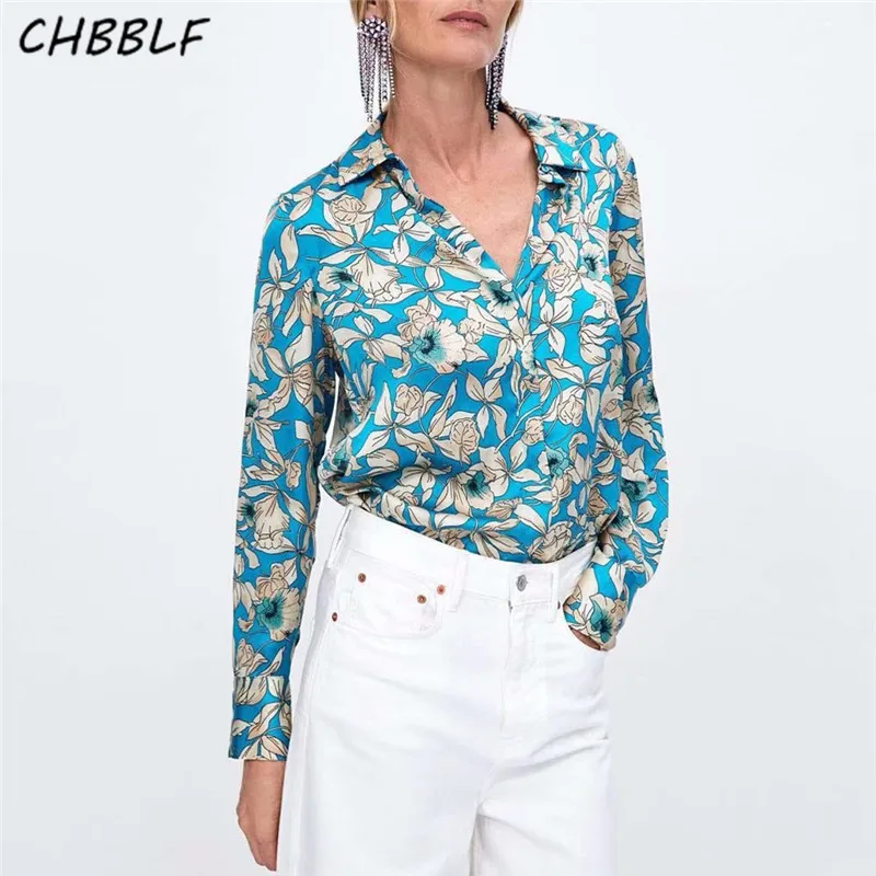 Chbblf Стильный цветочный принт блузки Длинные рукава отложной воротник рубашки