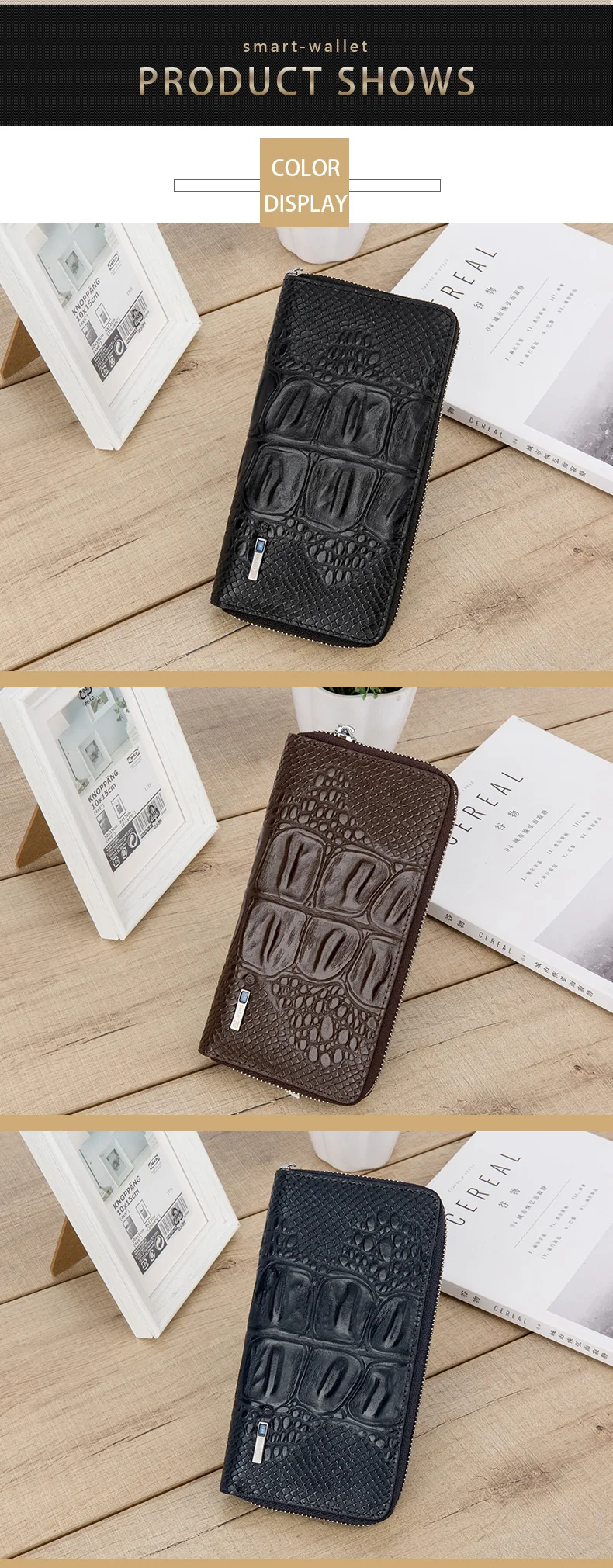 Modoker, длинный смарт-кошелек, мужская сумка из крокодиловой кожи, роскошный мужской кожаный кошелек, мужской деловой клатч, кошелек на молнии для зарядки