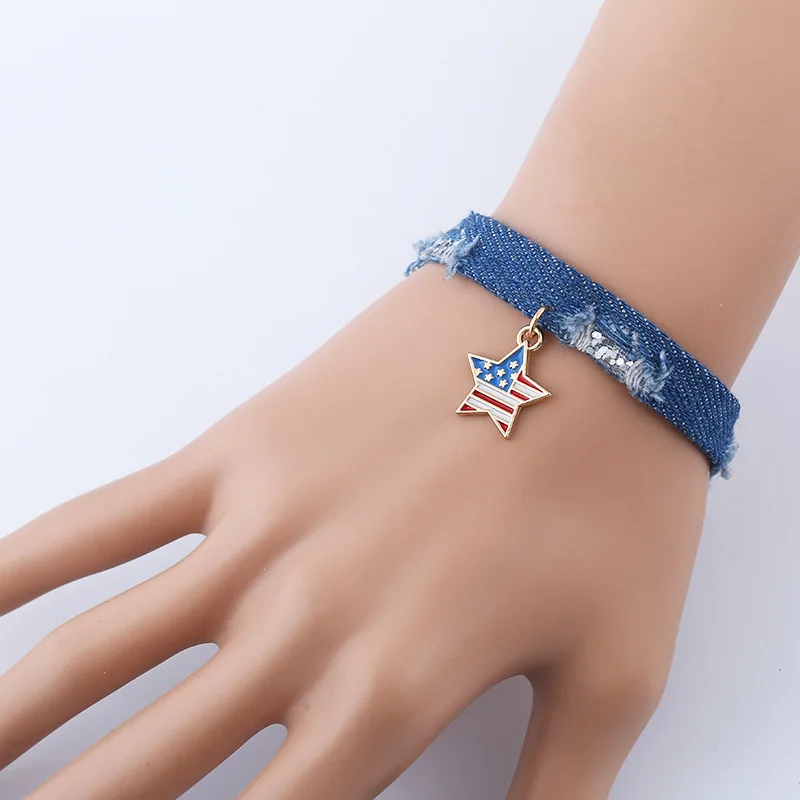 НИЛСЕН Новые пятиконечные браслеты из денима с американским флагом для мужчин и женщин, манжеты браслета для женщин, обернутые в виде якоря.