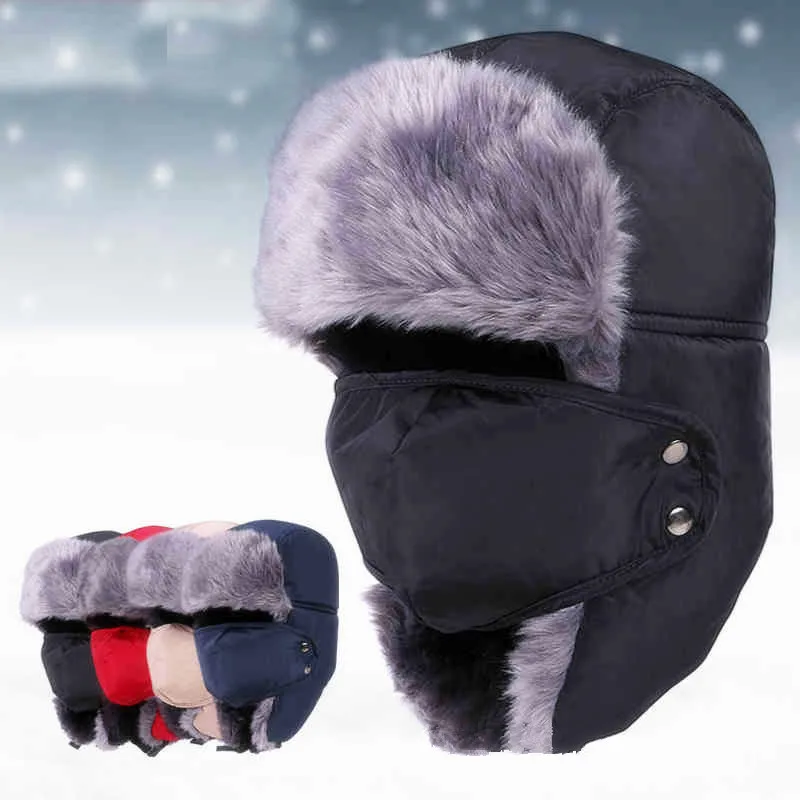 

2021 New Winter Bomber Hats Ushanka Russian Fur Hat Warm Thickened Ear Flaps Cap For Men&Women Mask Balaclava