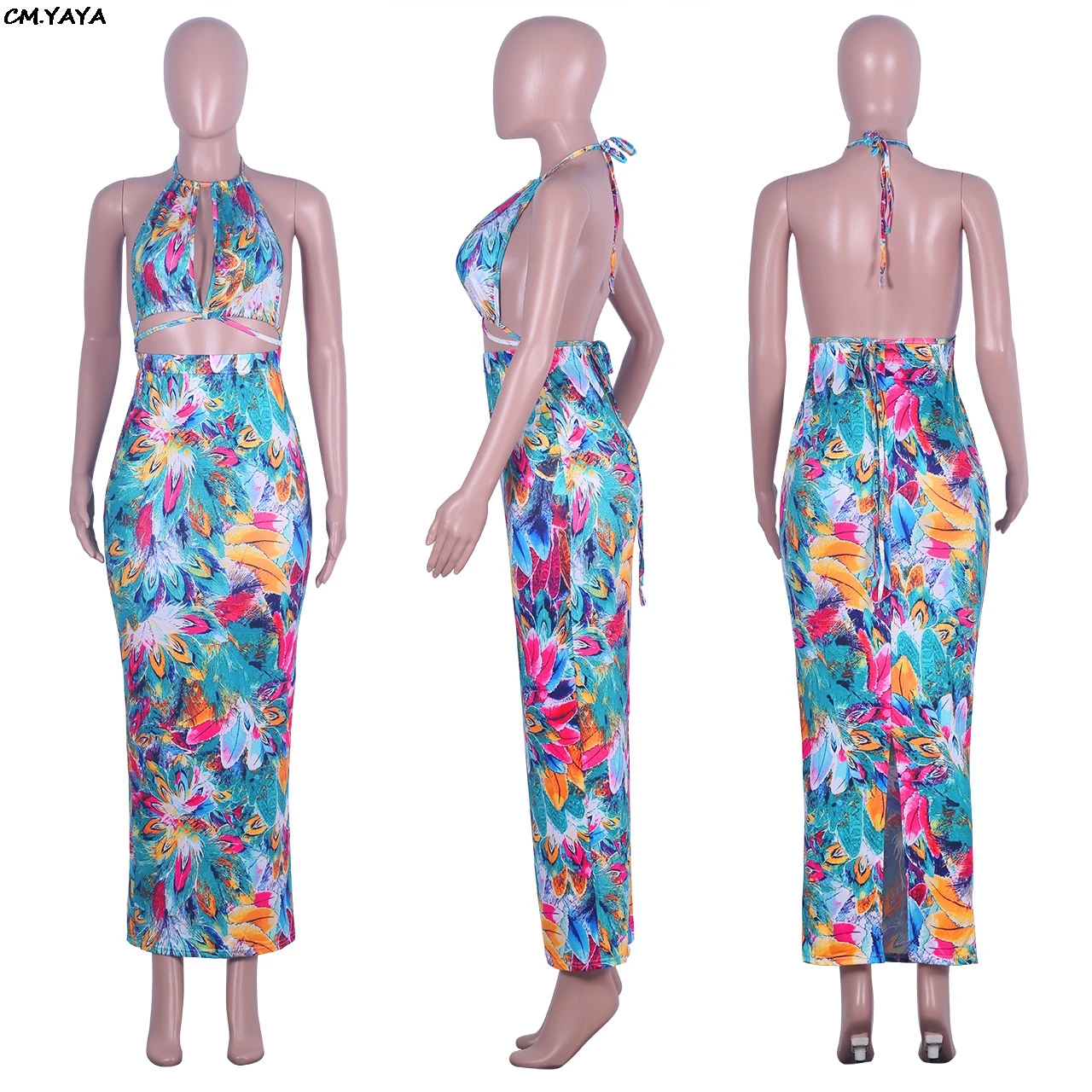 2019 new women summer tie dye galaxy print halter open back crop top maxi skirts suit two piece set long dress vestidos GLQ273 | Женская
