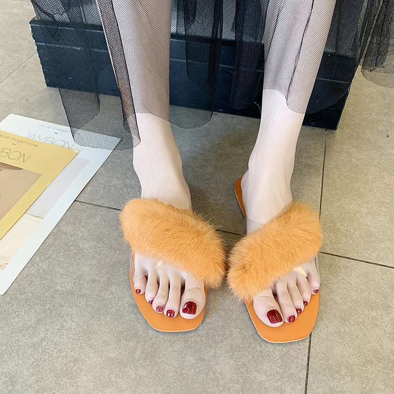 Сланцы женские с пушистым мехом уличные прозрачные сандалии на плоской подошве