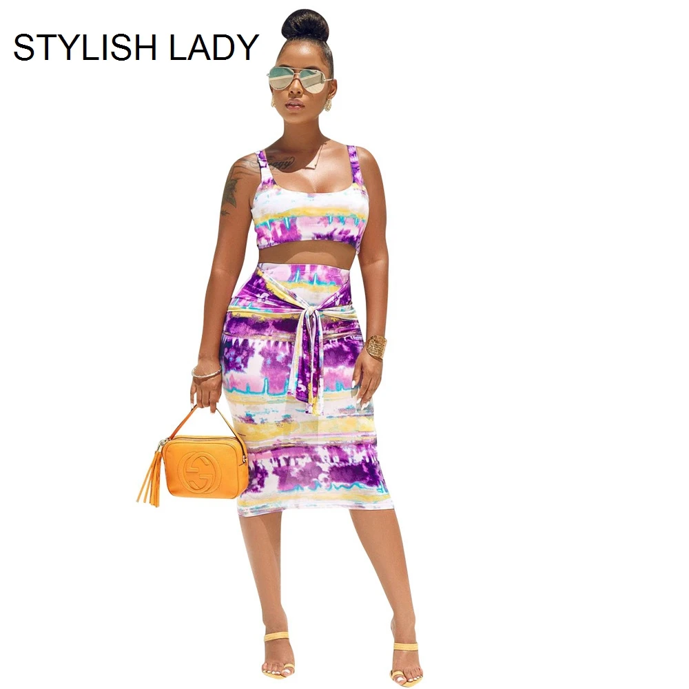 

STYLISH LADY Tie Dye Printed 2 Piece Set Women 2019 Summer Sleeveless Crop Top and Bandage Midi Skirt Suits Club Party Outfits