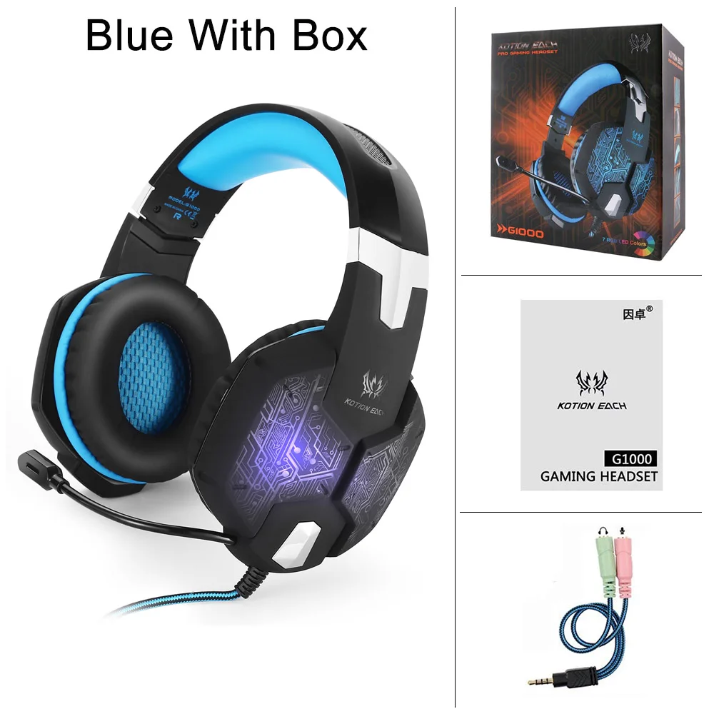 Blue With Box Игровые наушники KOTION G1000 Игровые наушники для компьютера профессиональный проводной 3,5 мм светодиодный бас стерео гарнитура с микрофоном для портативных ПК Ps4 Pro - Цвет: Blue With Box