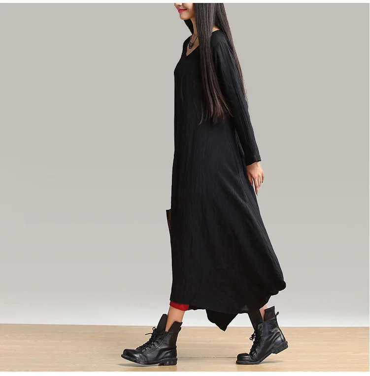 Асимметричное платье из хлопка и льна однотонное черное с длинным рукавом модель