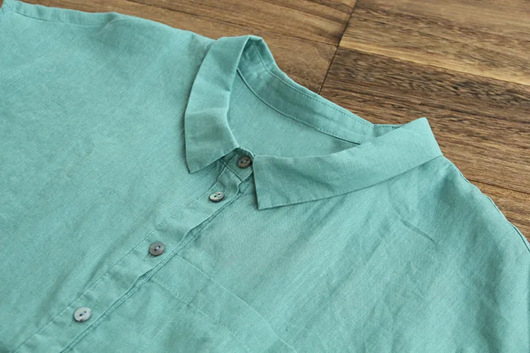 

6441 new summer women's blouse cotton and linen solid turndown collar short sleeve shirt mori girl casual Pullover tops