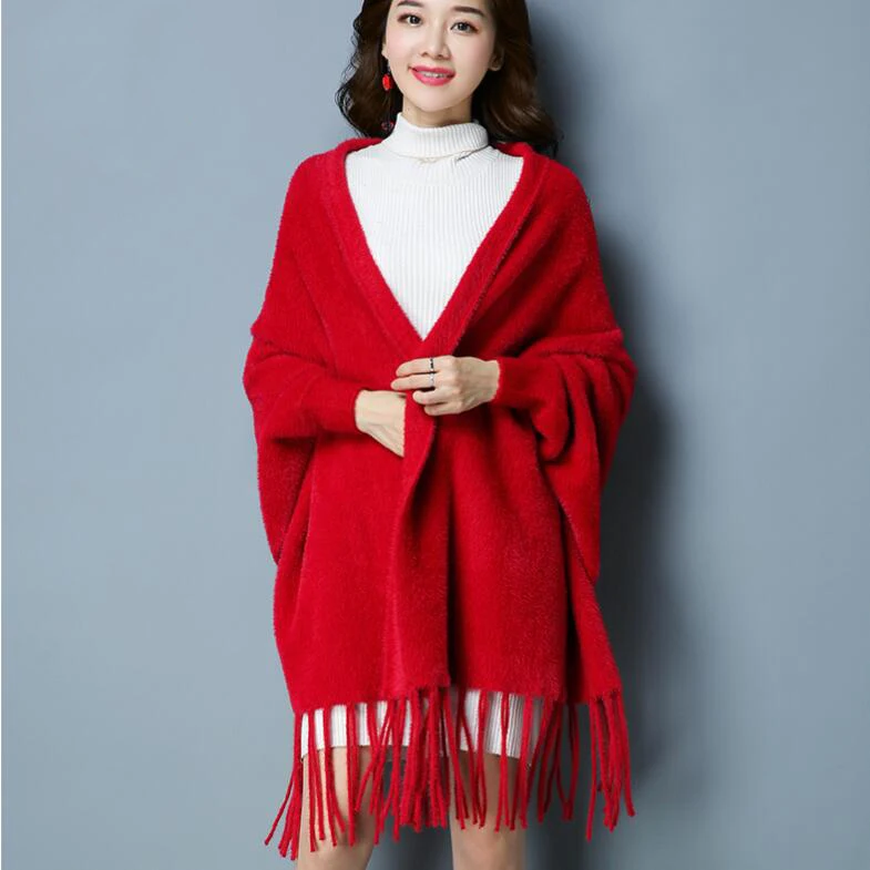 

2022 New Autumn Women Knitted Bat Sleeve Tassel Sweater Casual Female Jumper Coat Cape Poncho Shawl Wrap Swing Sweater Cardigans