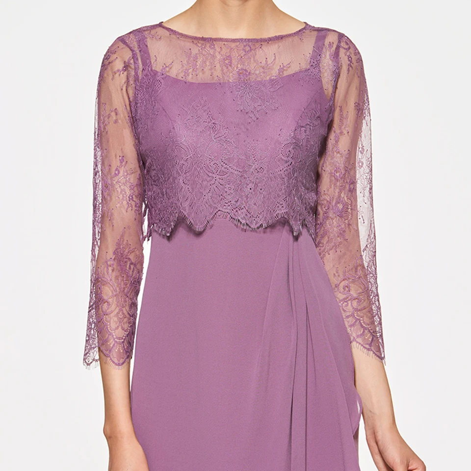 Dressv фиолетовый чай Длина Совок шеи оболочка мать невесты платье с 3/4 рукавом Кнопка длинное Мать вечернее платье на заказ