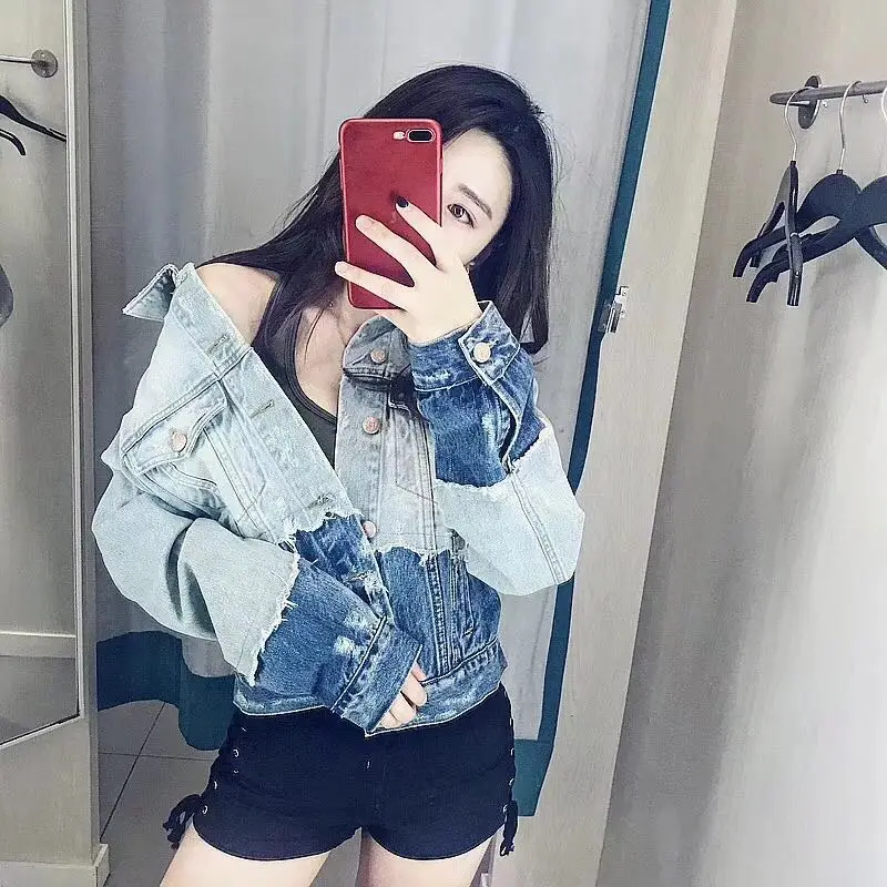 Женская джинсовая куртка винтажная Свободная куртка-бомбер в уличном стиле 2018 |