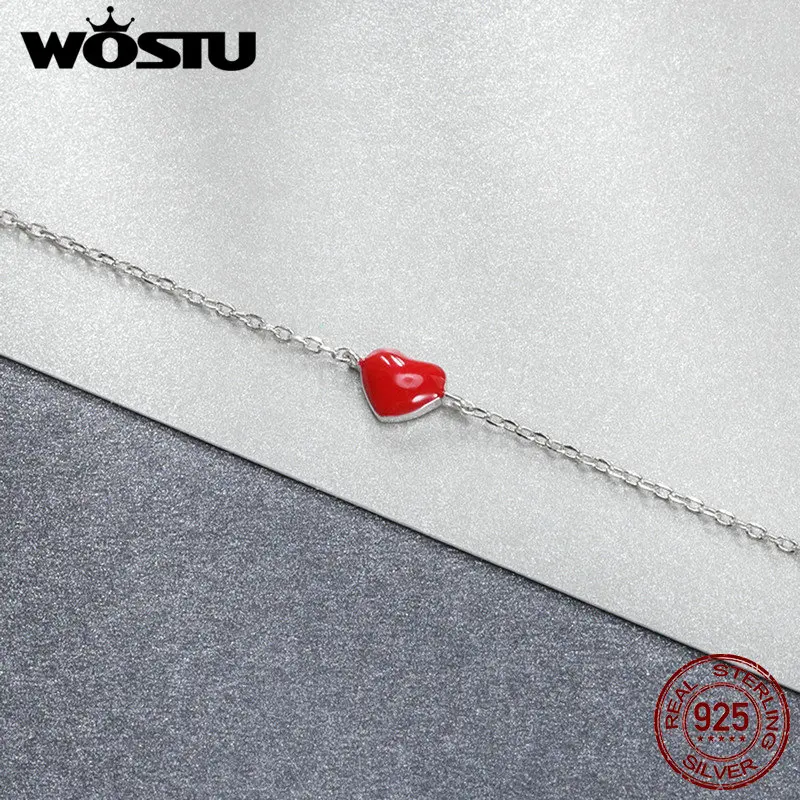 WOSTU Настоящее 925 пробы Серебряный Модный эмалевый красное сердце цепочка браслет для женщин Аутентичные Серебряные вечерние ювелирные изделия подарок DZB016