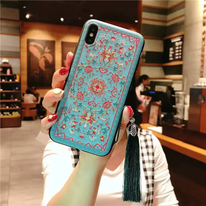 Chinese traditional embroidery craft Phone Case For iPhone 7 8 Plus 3D Relief Flower Soft Back Cover for X 6 6s Pl |