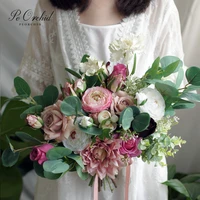 peorchid custom pink bridal bouquet eucalyptus rose simulation korean style wedding bride holding flower bridesmaid bouquet