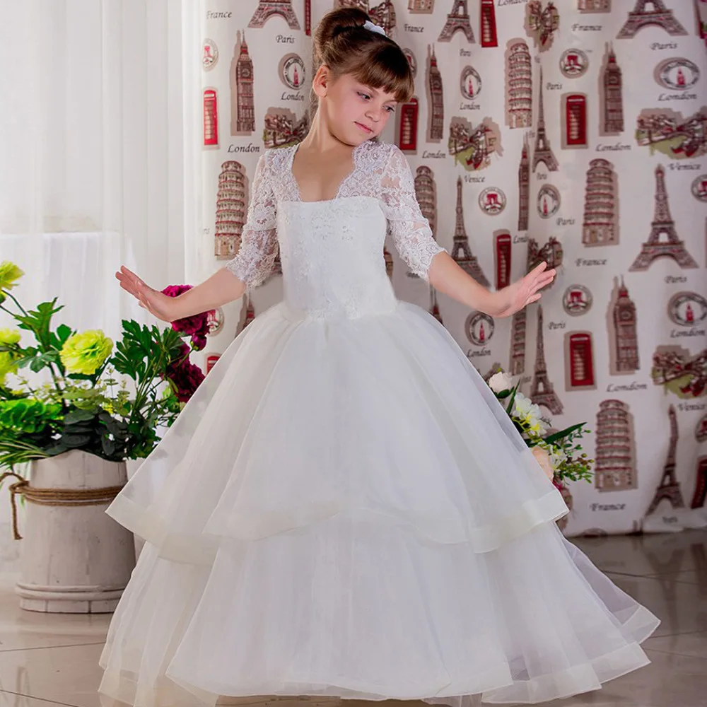 New Long Lace Ball Gown Flower Girls Dresses Simple Kids Wedding Party Dress White First Communion Dresses For Girls