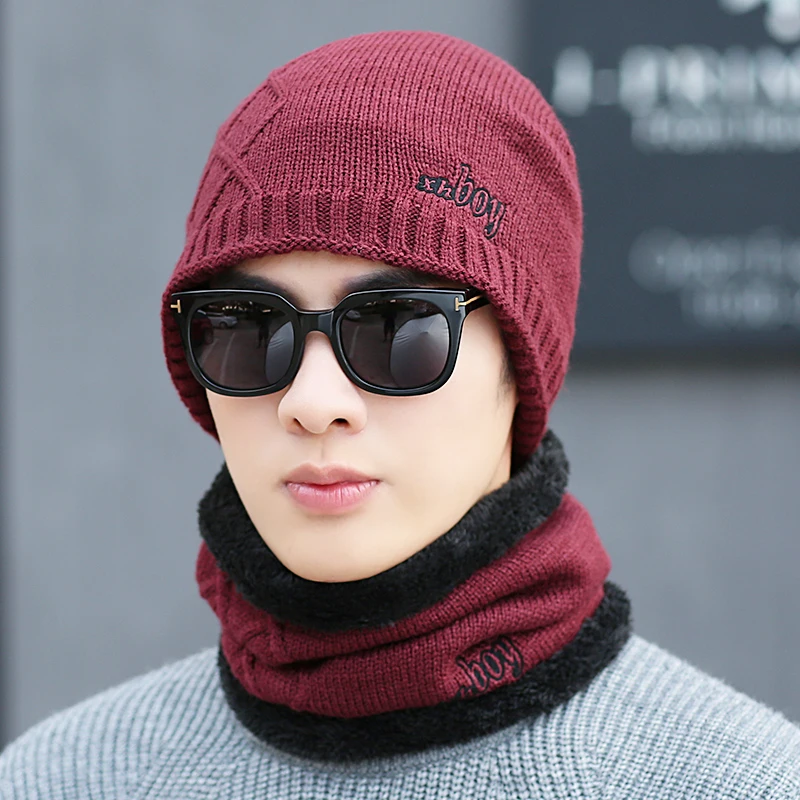 Winter men's knitted cotton hats warm and comfortable loose ski scarf mask caps exquisite embroidery plus velvet thick Beanies |