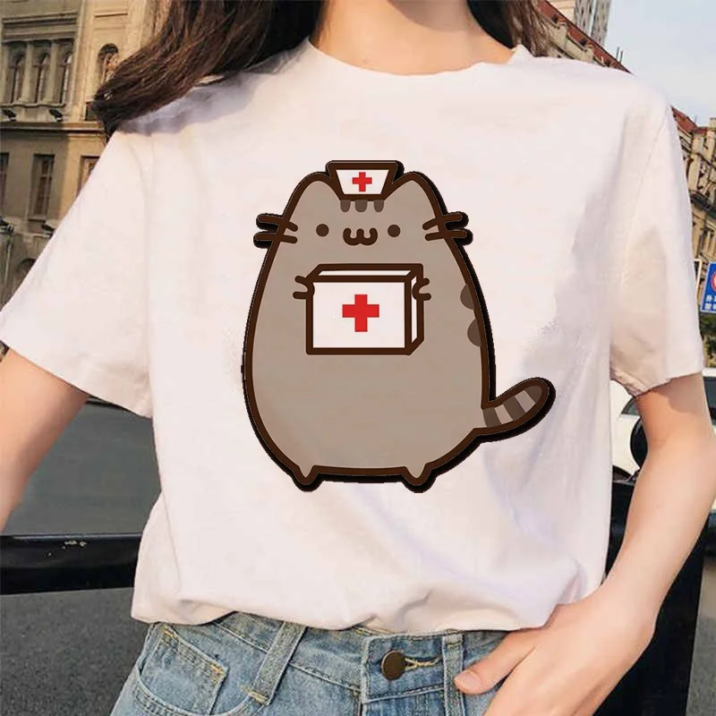 Фото Футболка женская Pusheen с рисунком кота, топ в стиле Харадзюку, милая одежда Ullzang, смешная футболка в Корейском стиле 90-х №4
