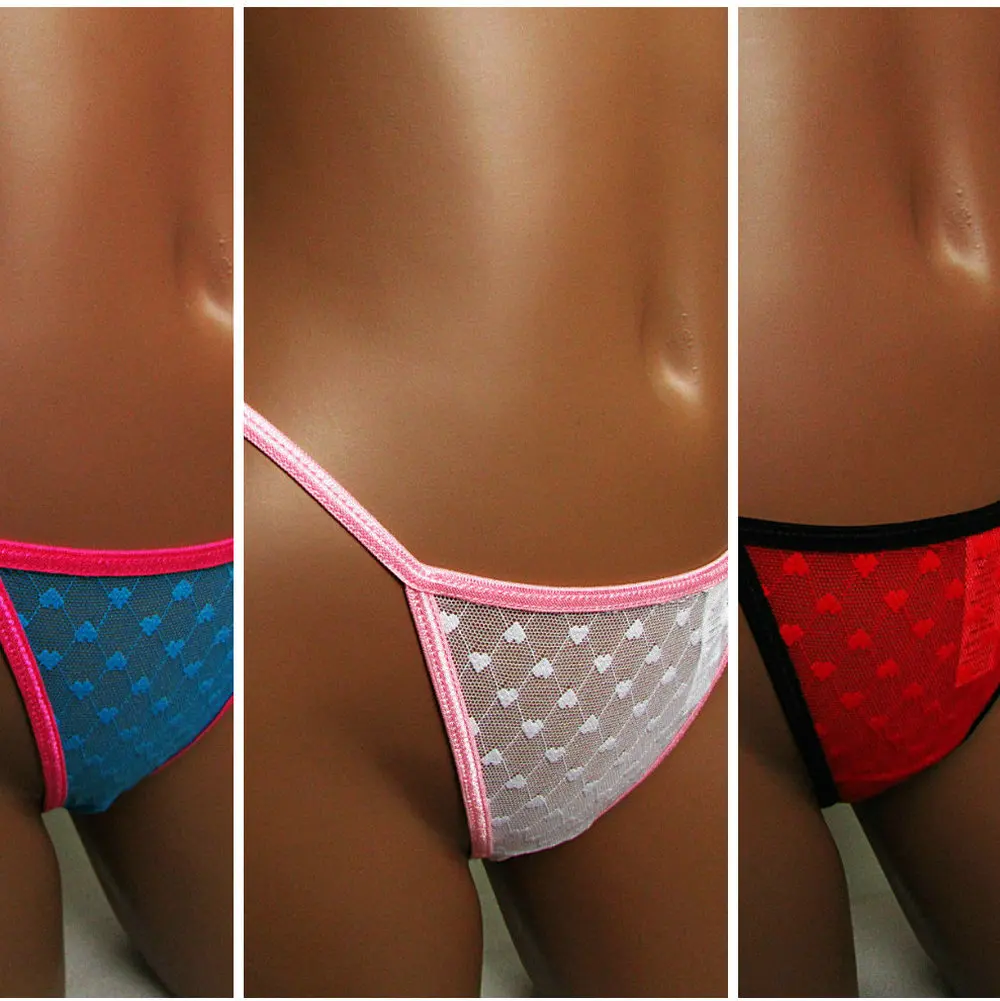 Женские прозрачные трусики стринги ультратонкие черные кружевные с сердечками