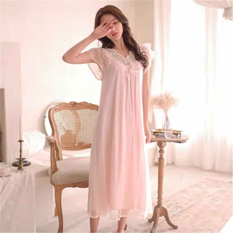 Pink Винтажное Ночное платье для сна с рукавами-бабочками и кружевными рюшами; летняя и осенняя одежда для сна из хлопка и органзы; свободная длинная ночная рубашка; T130 - Цвет: Pink