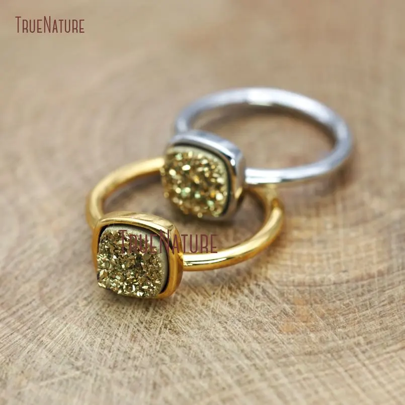 

Cutely Square Shape Gold Silver Druzy Charm Ring Druzy Crystal Square Charm Copper Rings For Women RM8867