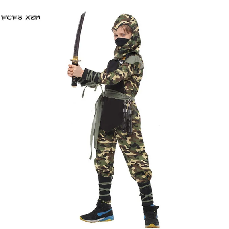 Камуфляжного цвета для мальчиков на Хэллоуин Костюмы воинов ниндзя подростков с