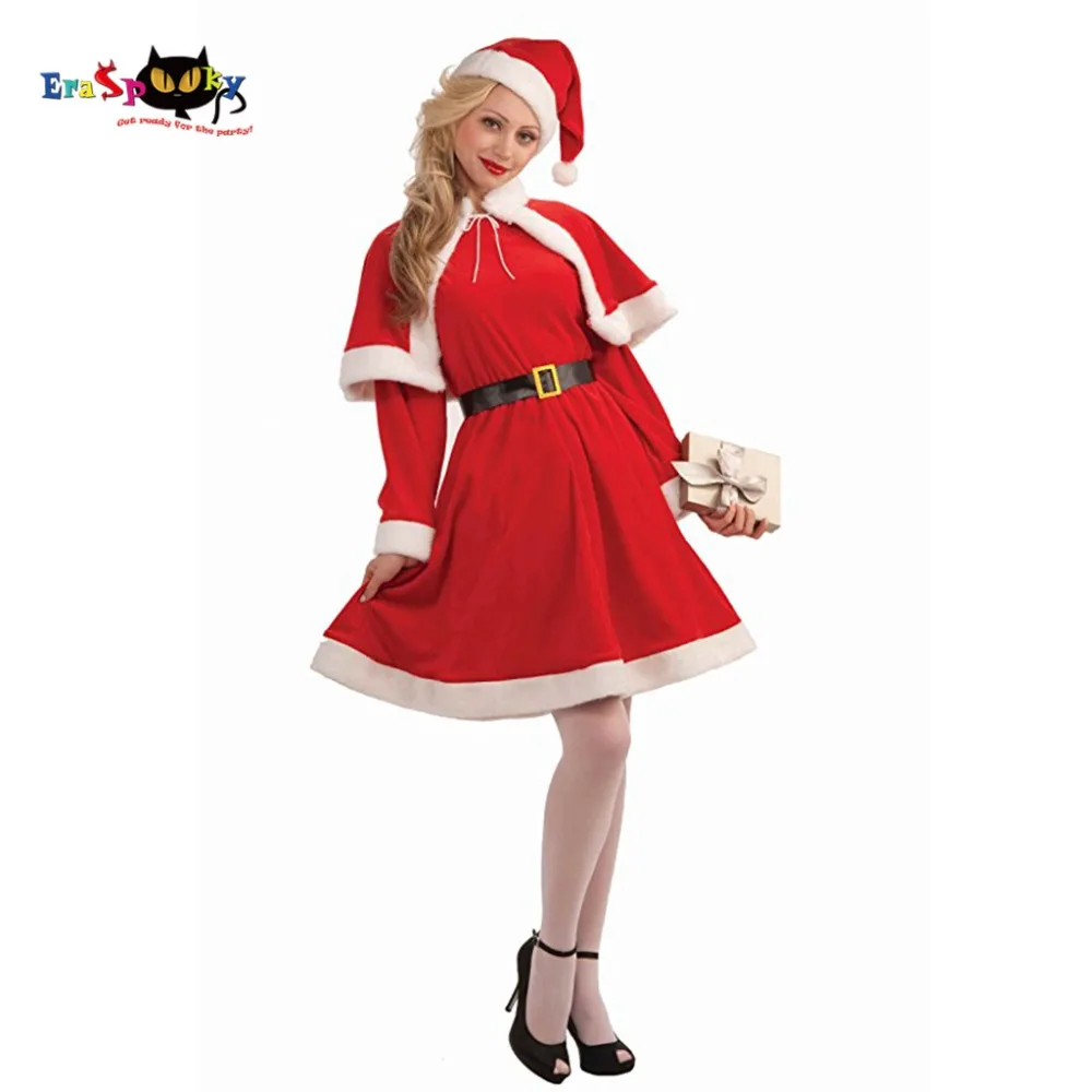 

Eraspooky Lady Christmas Costume For Women Adult Miss Santa Claus Cosplay Christmas Dress Hat Dress Belt