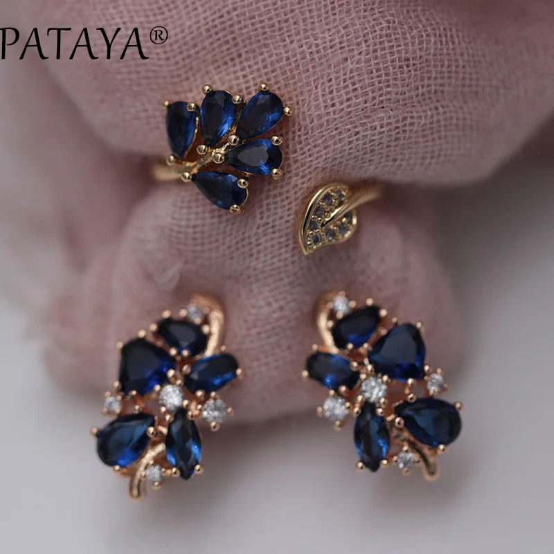 sapphire PATAYA, модные темно-синие серьги в форме капель воды из натурального циркония, открытые кольца, наборы, 585, розовое золото, эксклюзивный дизайн, Женские Ювелирные изделия - Окраска металла: sapphire
