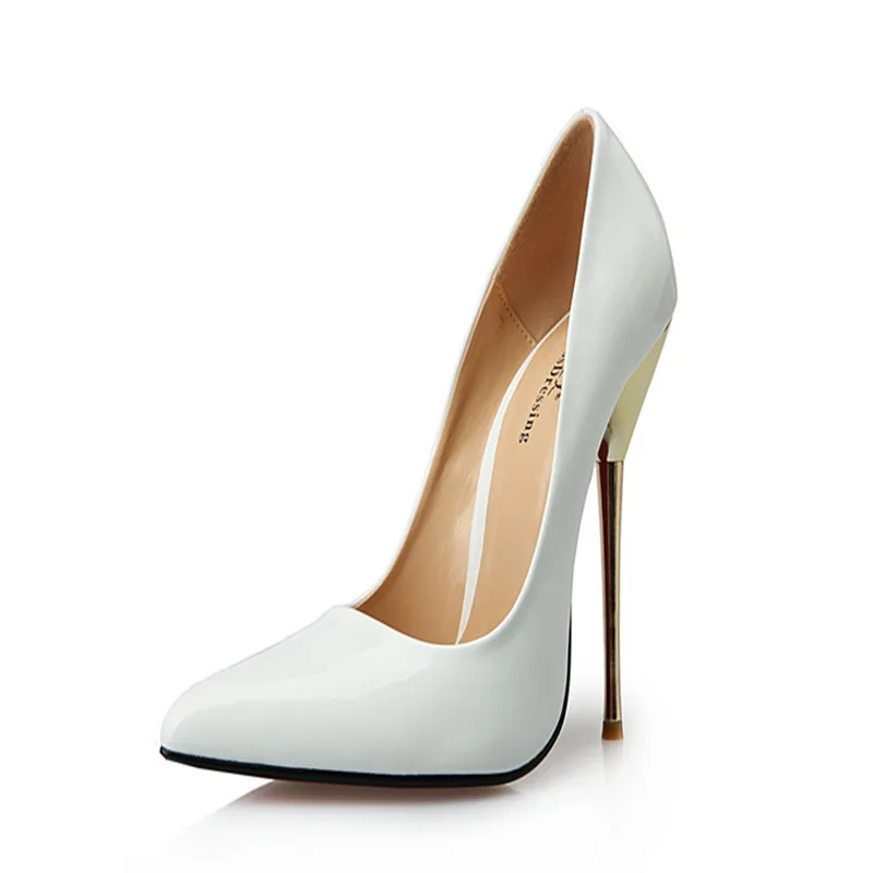 LLXF/Большие размеры: 45, 46, 47, 48, 49; zapatos mujer; женские красные модельные туфли на тонком металлическом каблуке 14 см; Pantent; кожаные туфли-лодочки с острым носком для костюмированной вечеринки - Цвет: Белый