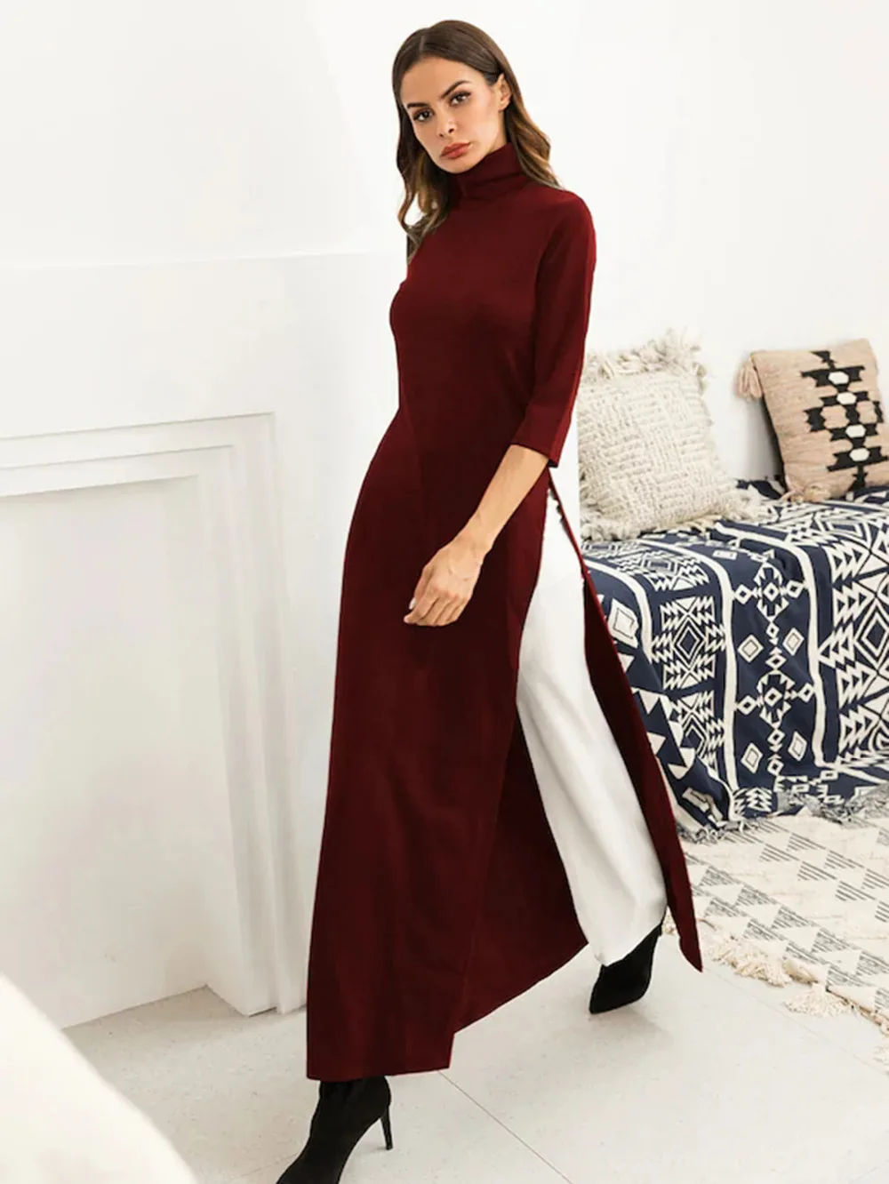 Женское платье Ao Dai стиль Макси черепаха шеи 3/4 рукав свободный элегантный разрез Повседневная мода