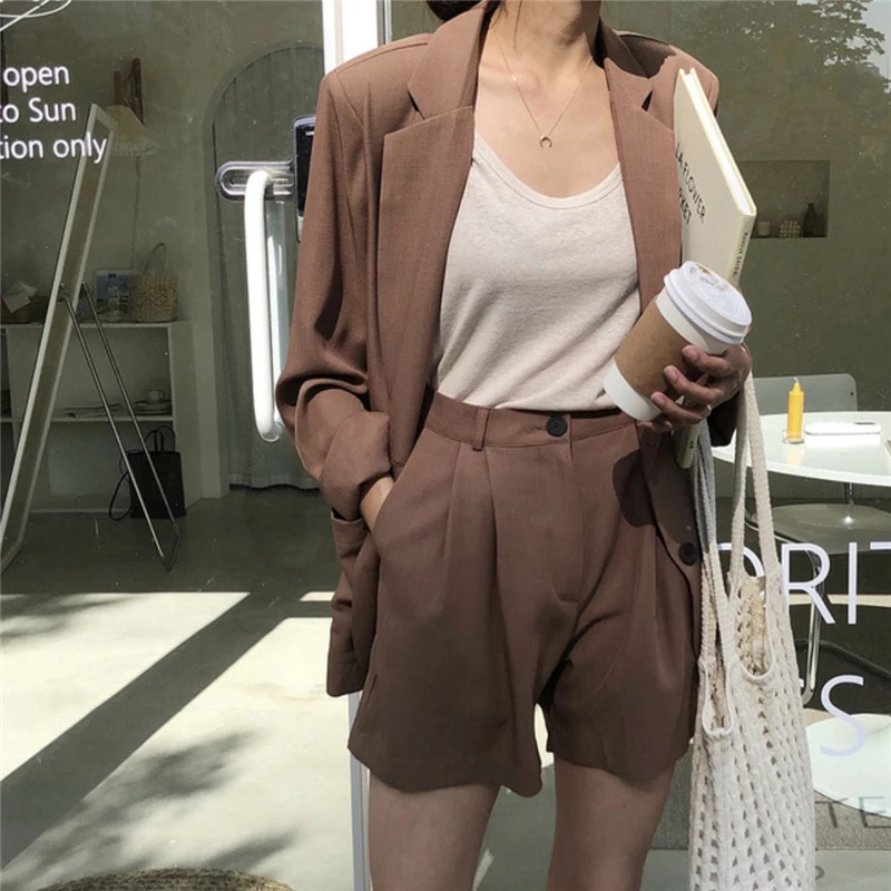 

HziriP 2021 New OL Elegant Office Lady Shorts Suit 2 Piece Set Women Single-breasted Jacket Blazer + High Waist Mini Pants Suits