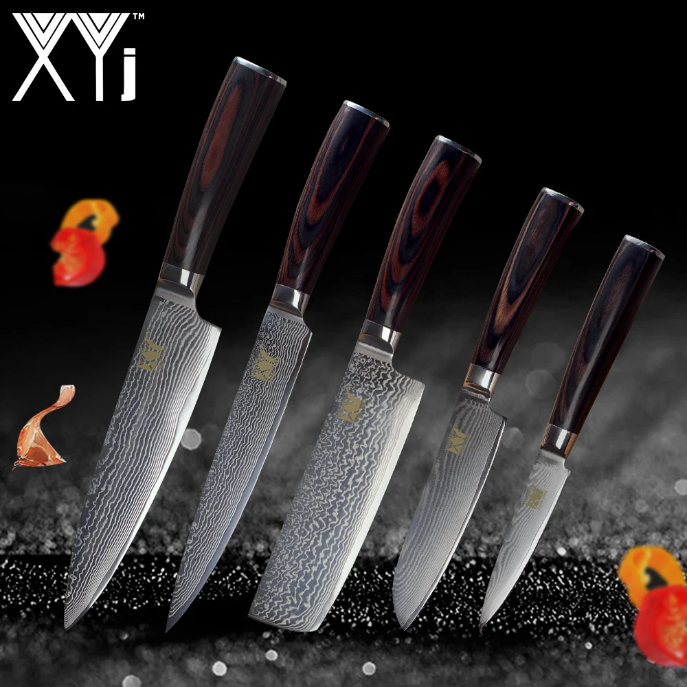 XYj Дамаск Кухня ножи Новое поступление 2019 Цвет деревянной ручкой комплект из 5