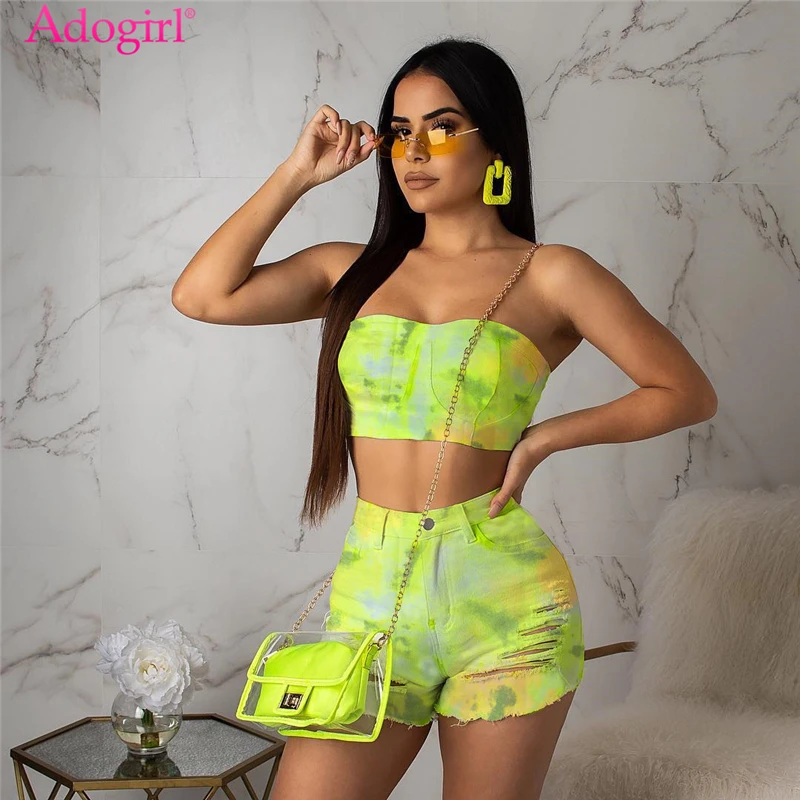 Adogirl джинсовый без бретелек с дырками и принтом комплект из двух предметов