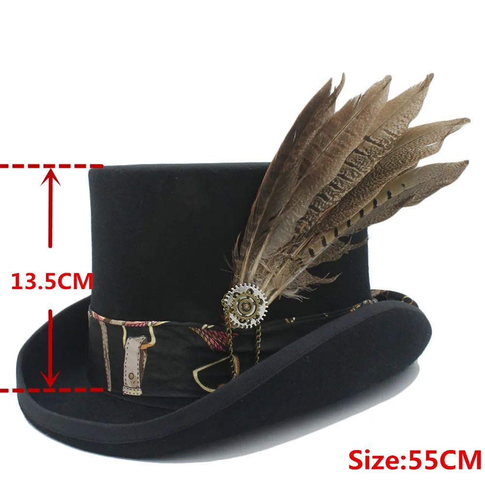 Black 55CM Топ 13,5 см черная фетровая шляпа шерсть для женщин и мужчин стимпанк топ шляпа ручная работа кожа волшебный Косплей вечерние шляпа-цилиндр шапки Прямая поставка - Цвет: Black 55CM